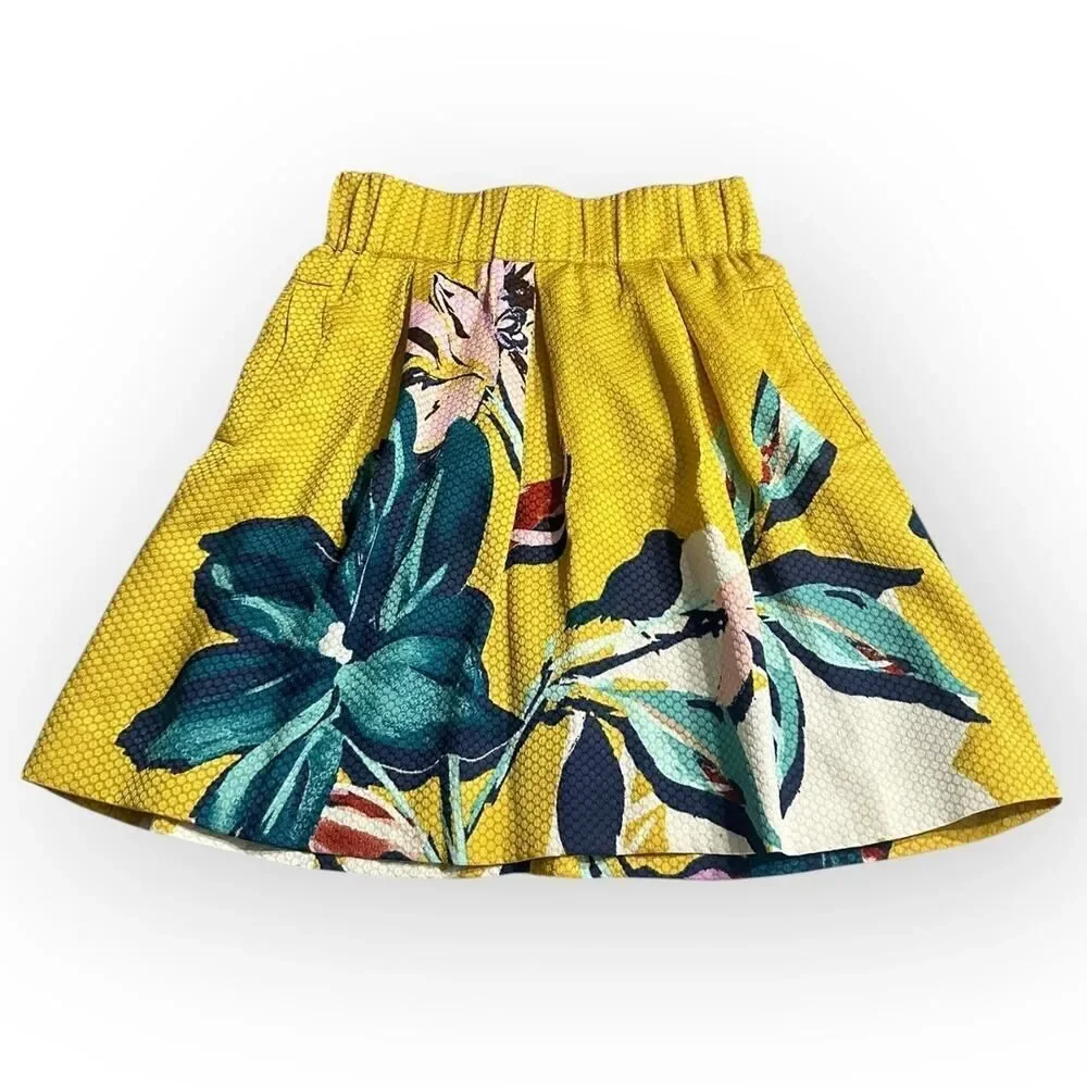 Anthropologie Maeve Tropicale Skirt Women's 2 Yellow Blue Floral Pleated Short